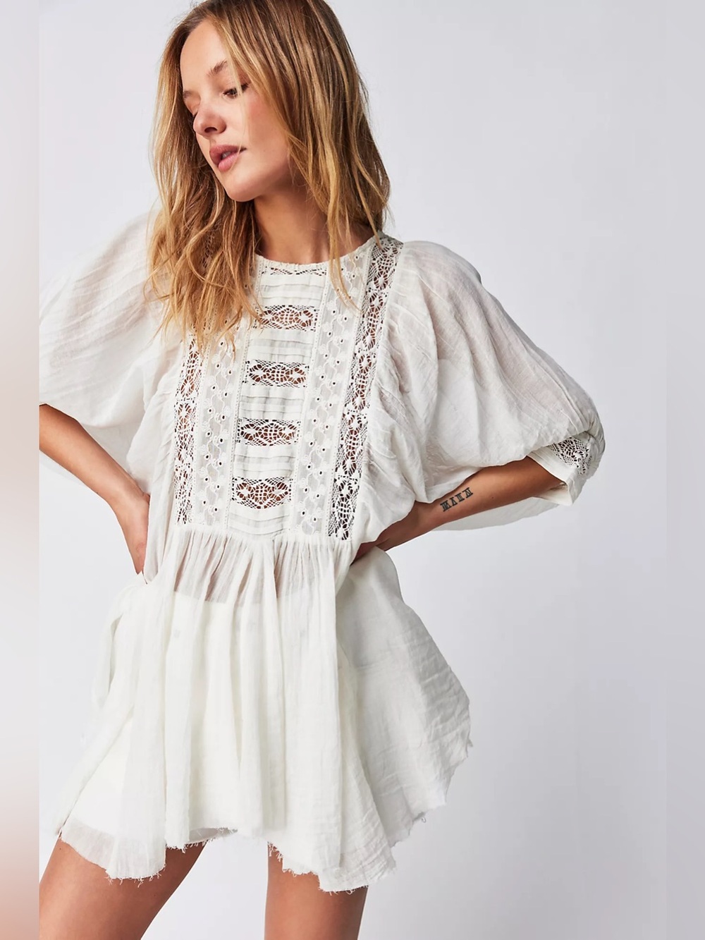 Free People One Finley Tunic White Gauzy Loose Fit Sheer Mini Dress
